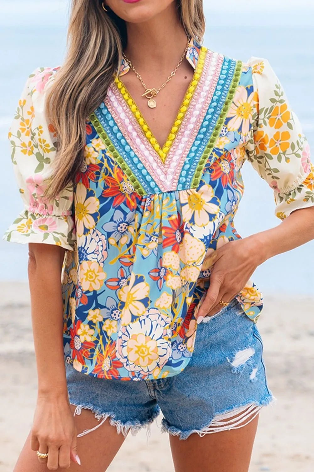 Multicolour Crochet V Neck Half Sleeve Boho Floral Blouse - MAD RUFFI
