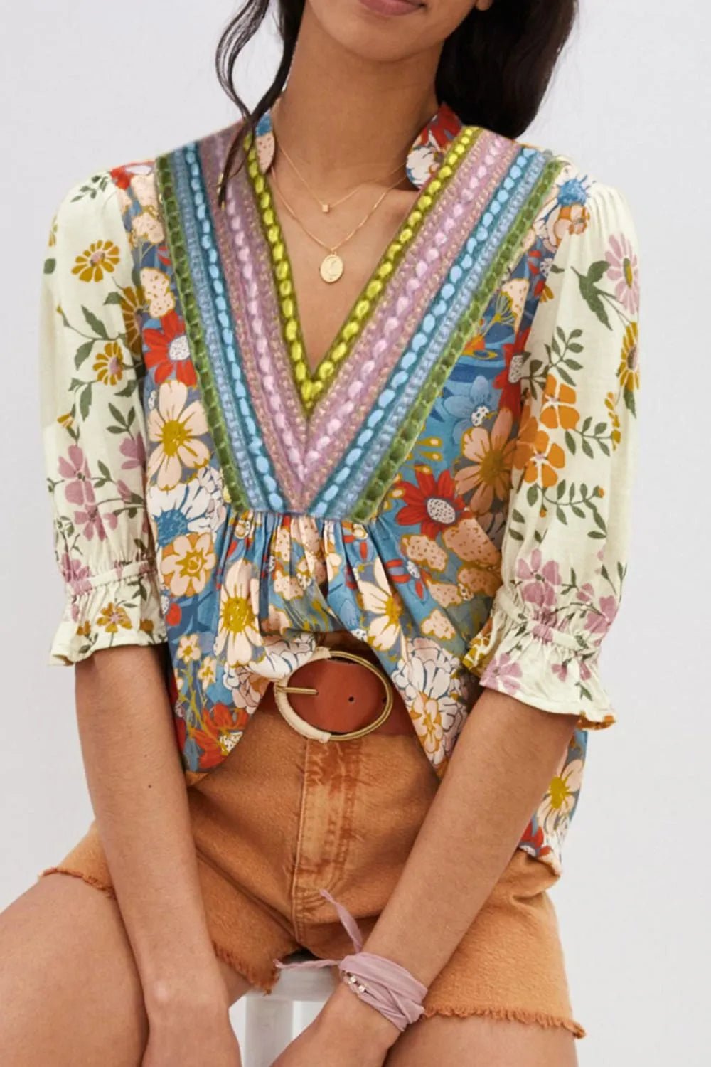 Multicolour Crochet V Neck Half Sleeve Boho Floral Blouse - MAD RUFFI