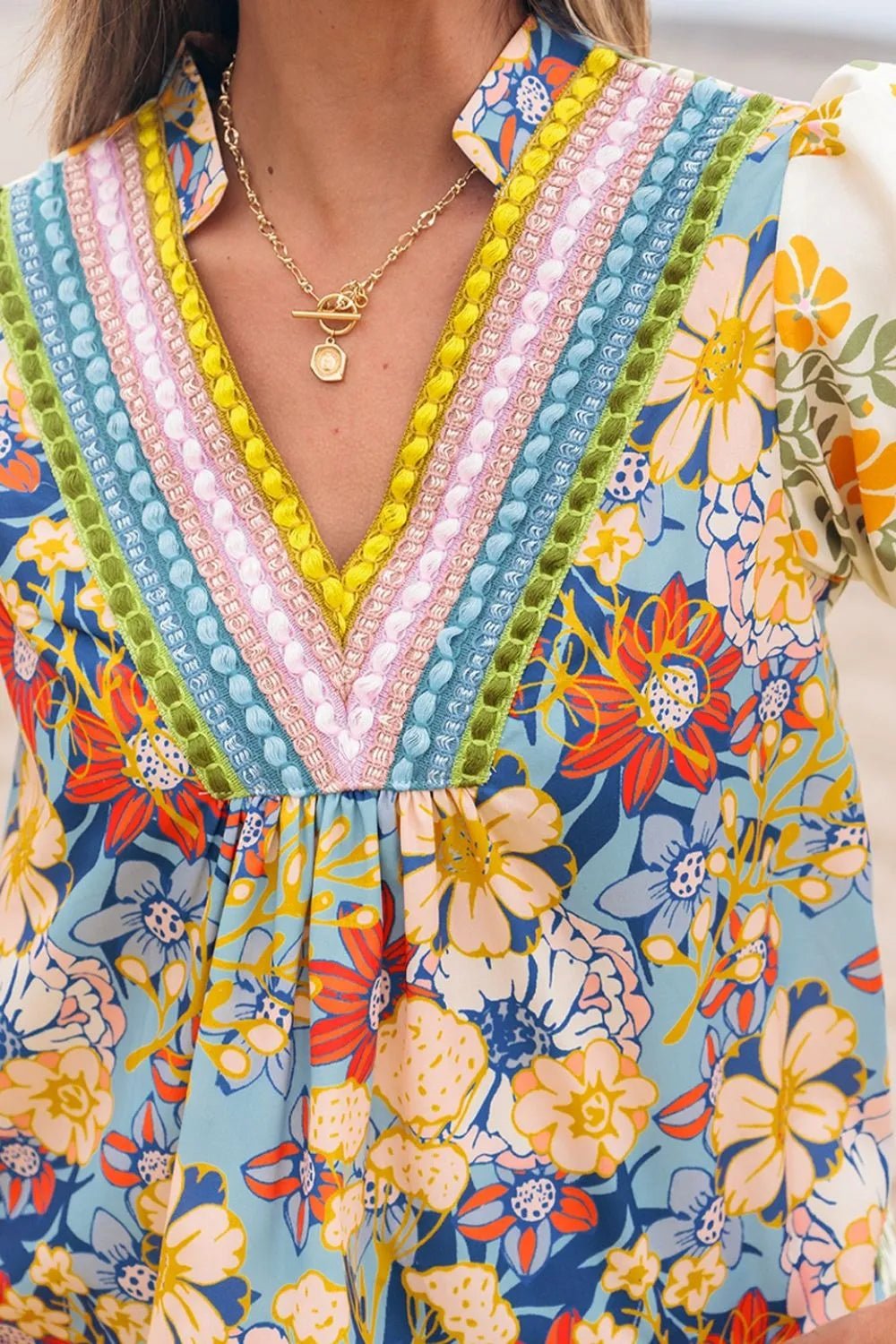Multicolour Crochet V Neck Half Sleeve Boho Floral Blouse - MAD RUFFI