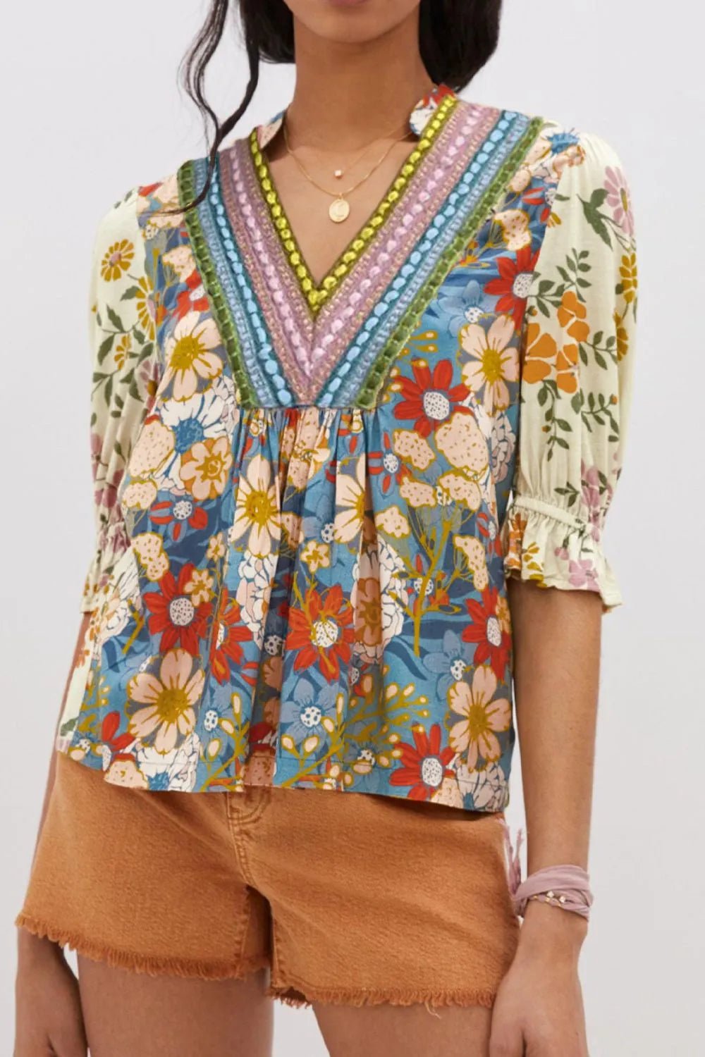 Multicolour Crochet V Neck Half Sleeve Boho Floral Blouse - MAD RUFFI