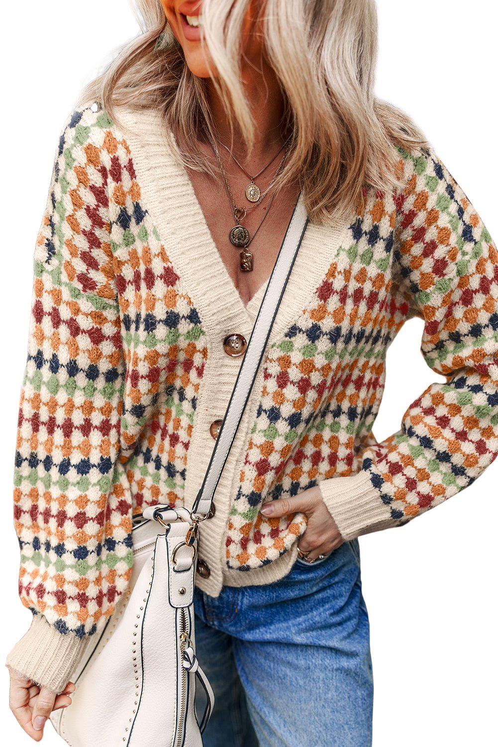 Multicolour Dotty Pattern Button Front V Neck Knit Cardigan - MAD RUFFI