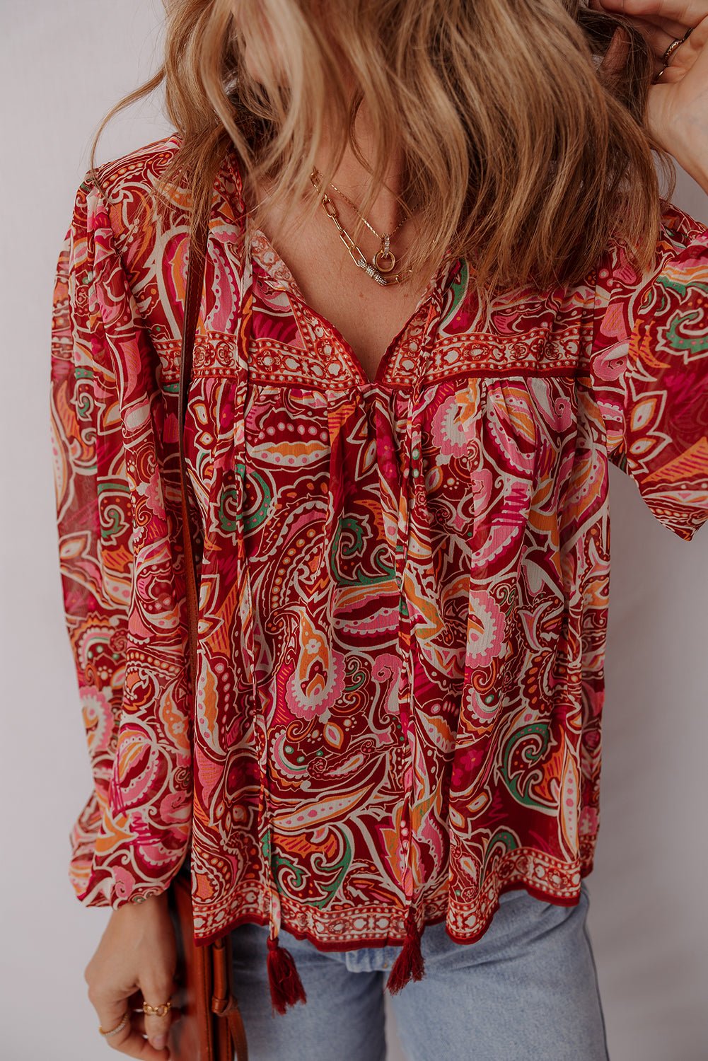 Multicolour Ethnic Paisley Print Tassel Tie Puff Sleeve Boho Blouse - MAD RUFFI
