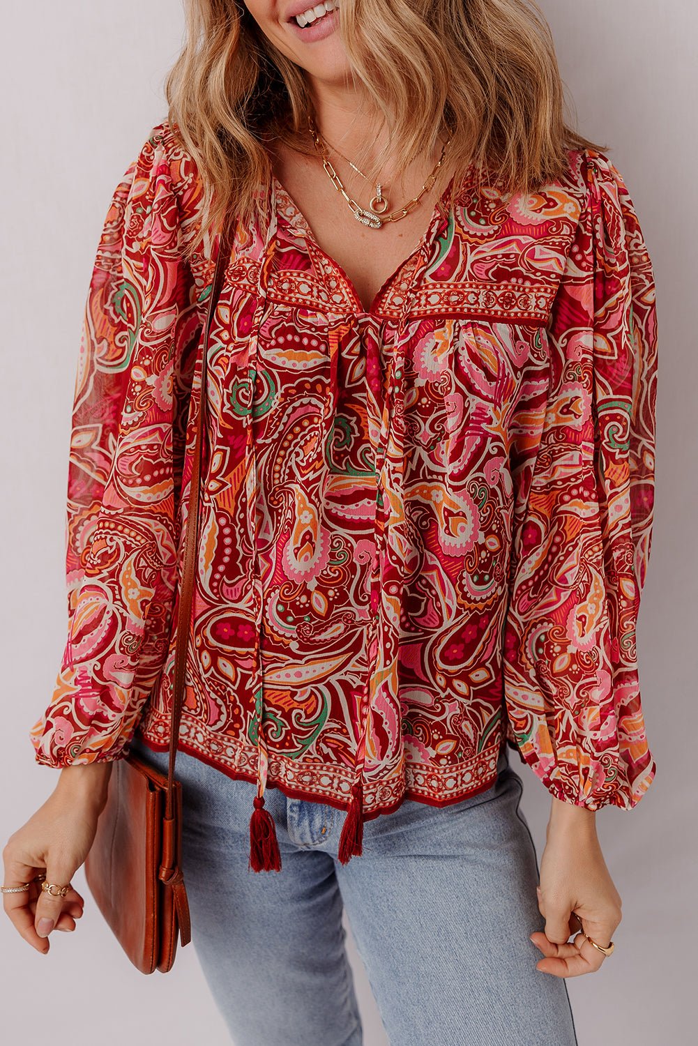 Multicolour Ethnic Paisley Print Tassel Tie Puff Sleeve Boho Blouse - MAD RUFFI
