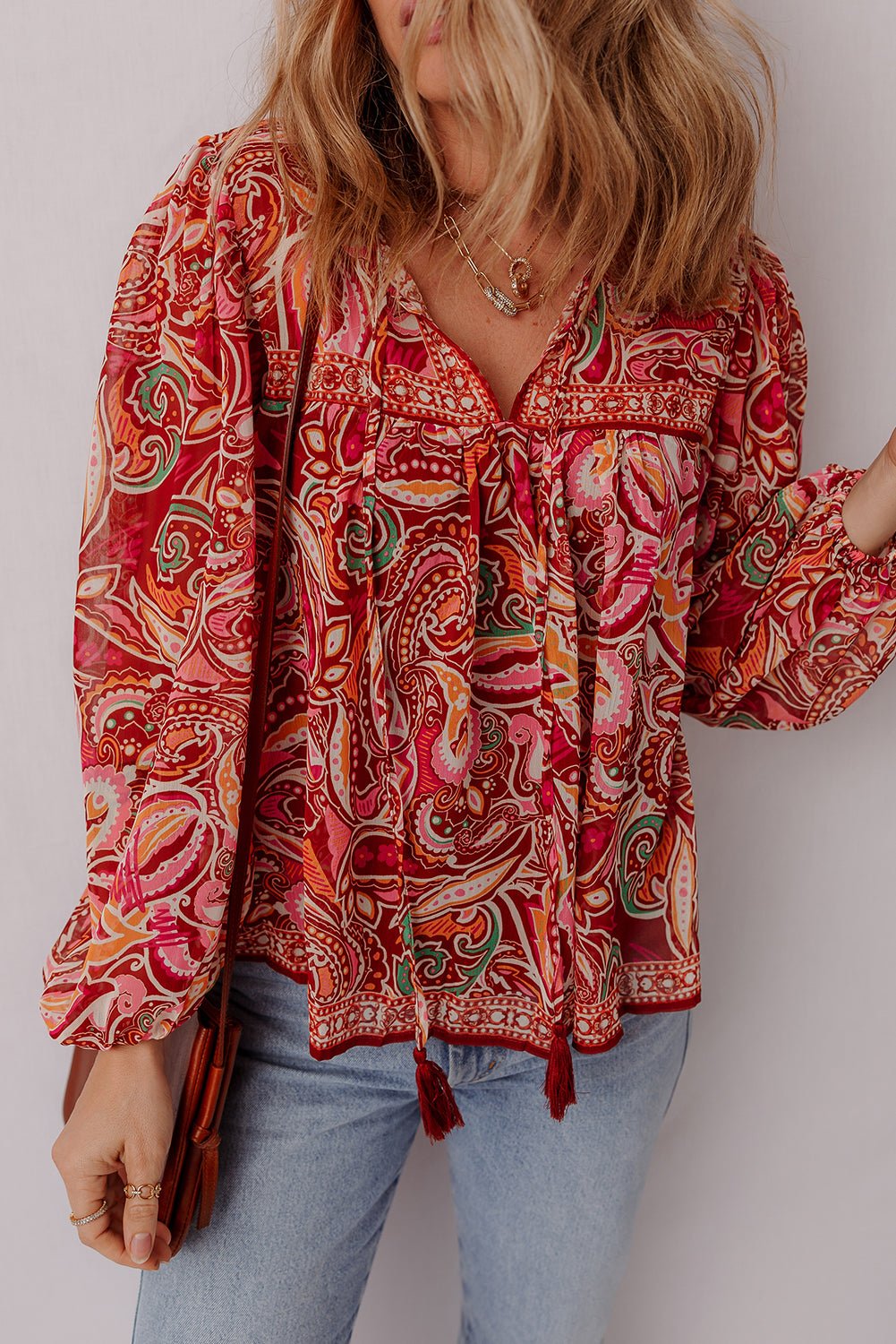 Multicolour Ethnic Paisley Print Tassel Tie Puff Sleeve Boho Blouse - MAD RUFFI