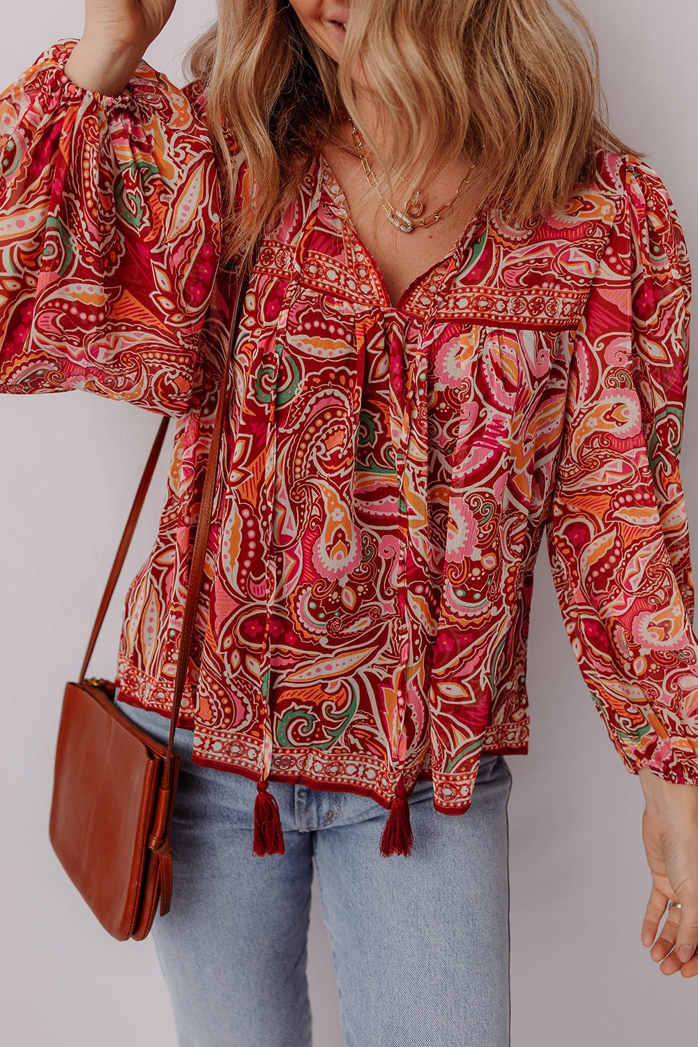 Multicolour Ethnic Paisley Print Tassel Tie Puff Sleeve Boho Blouse - MAD RUFFI