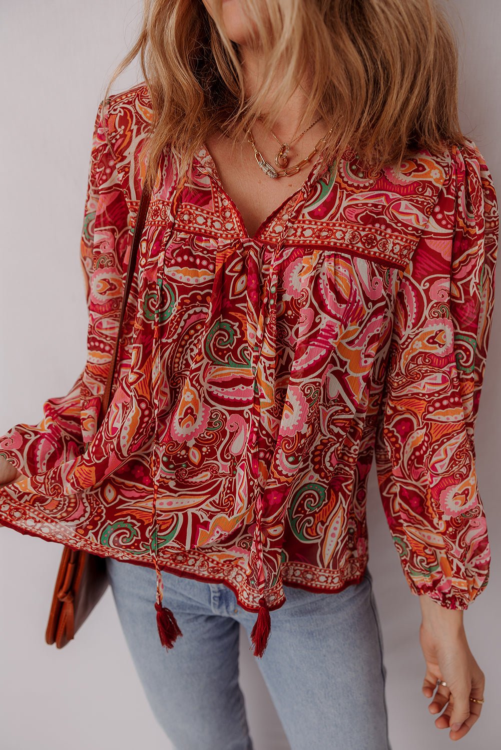Multicolour Ethnic Paisley Print Tassel Tie Puff Sleeve Boho Blouse - MAD RUFFI