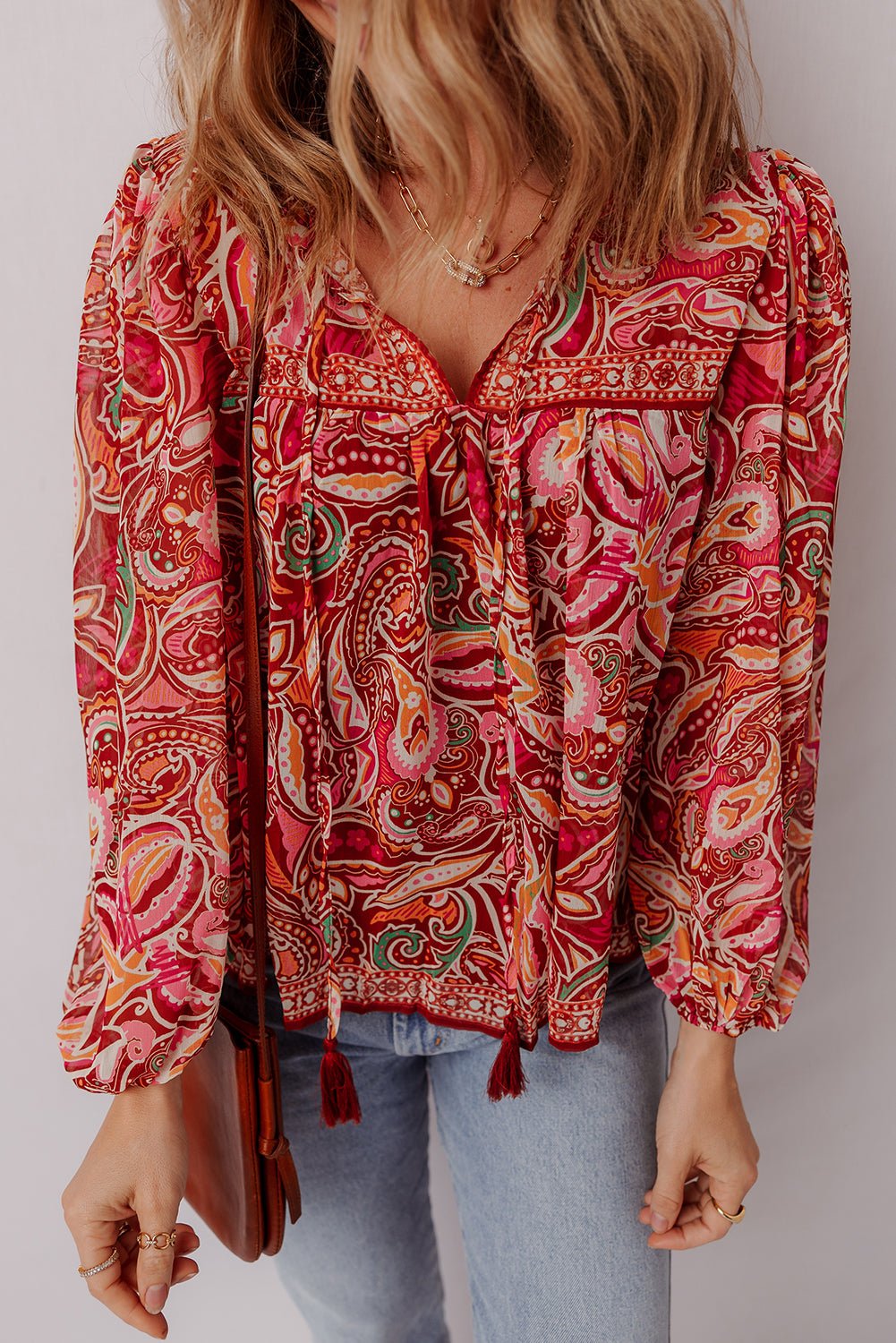 Multicolour Ethnic Paisley Print Tassel Tie Puff Sleeve Boho Blouse - MAD RUFFI