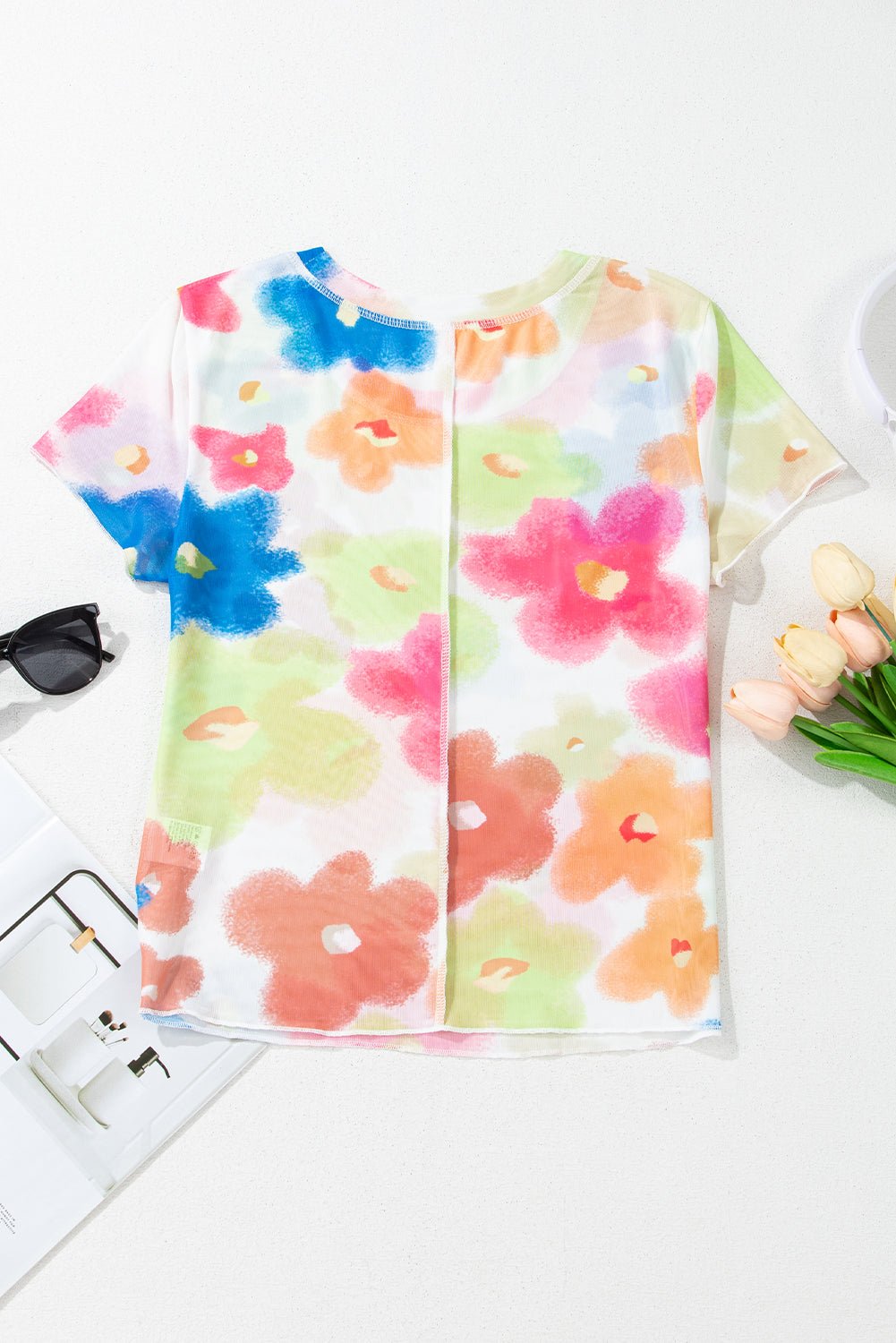Multicolour Floral Lettuce Trim Cropped Mesh Top - MAD RUFFI