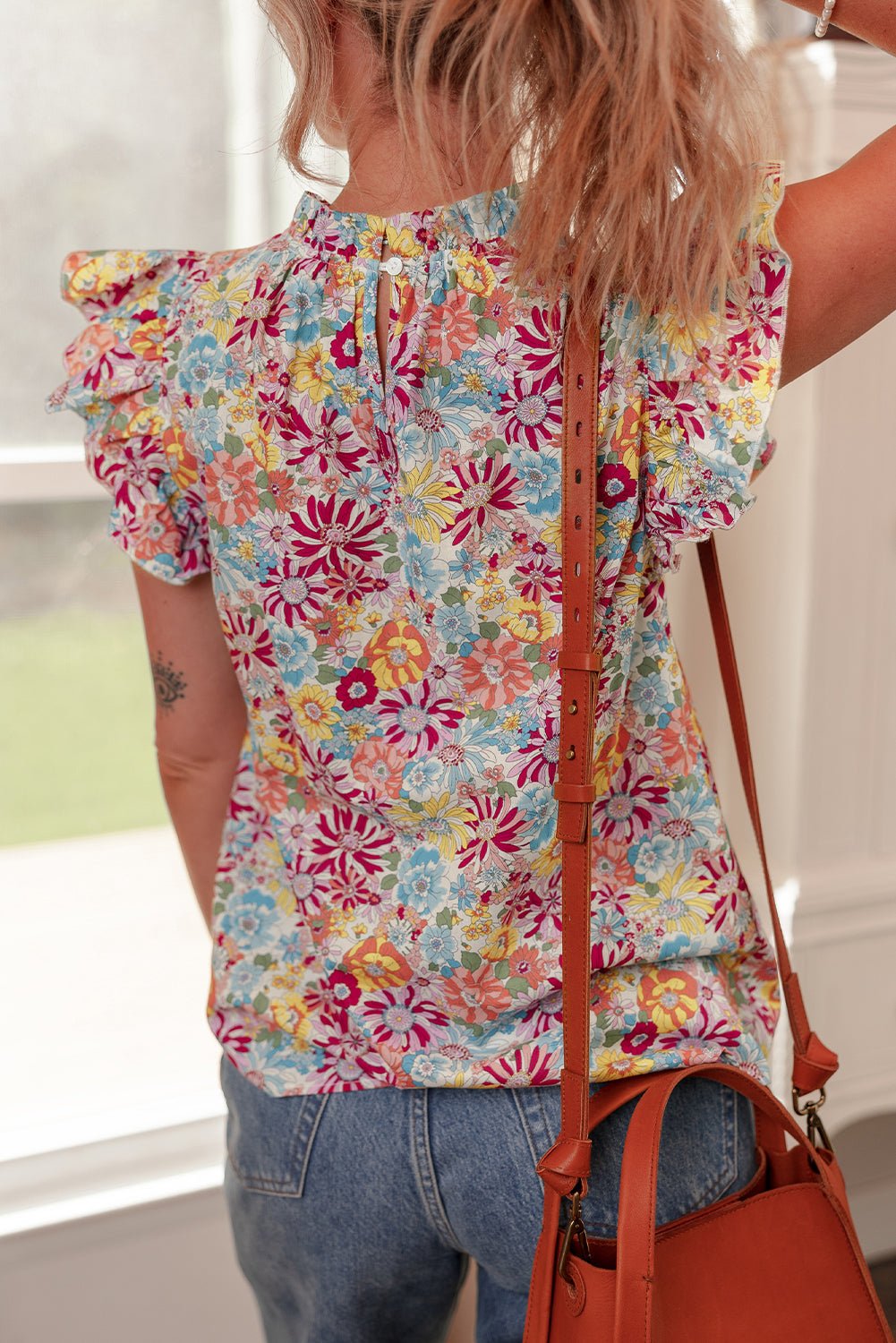 multicolour floral pleated detail ruffle sleeveless blouse - MAD RUFFI