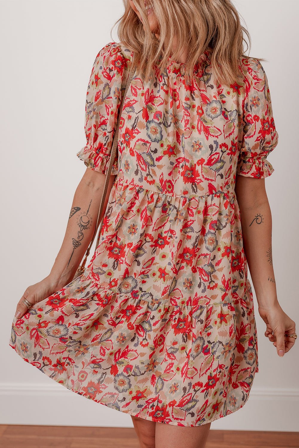Multicolour Floral Print Frilled Neck Puff Sleeve High Waist Dress - MAD RUFFI