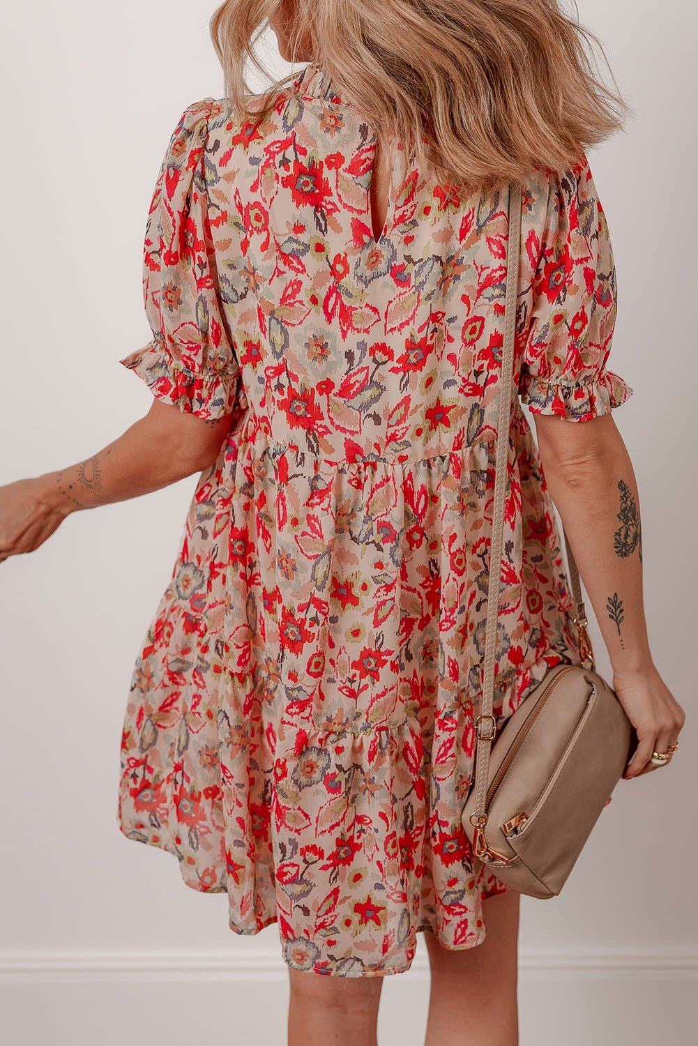 Multicolour Floral Print Frilled Neck Puff Sleeve High Waist Dress - MAD RUFFI