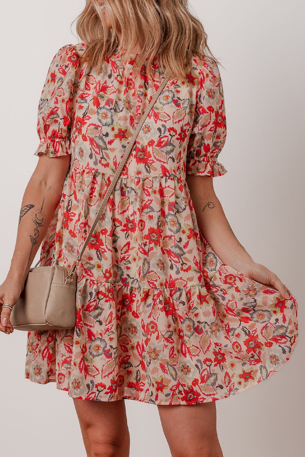 Multicolour Floral Print Frilled Neck Puff Sleeve High Waist Dress - MAD RUFFI