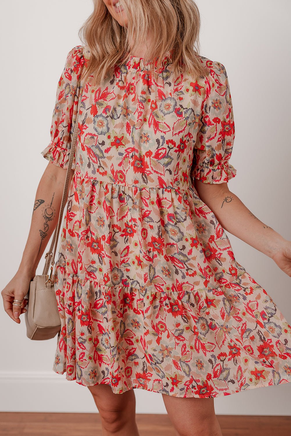 Multicolour Floral Print Frilled Neck Puff Sleeve High Waist Dress - MAD RUFFI