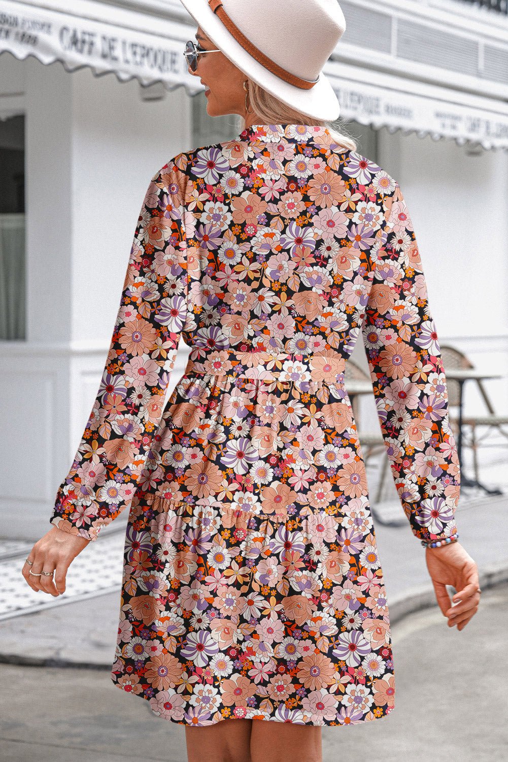 Multicolour Floral Print Pleated Detail Bleted Long Sleeve Mini Dress - MAD RUFFI