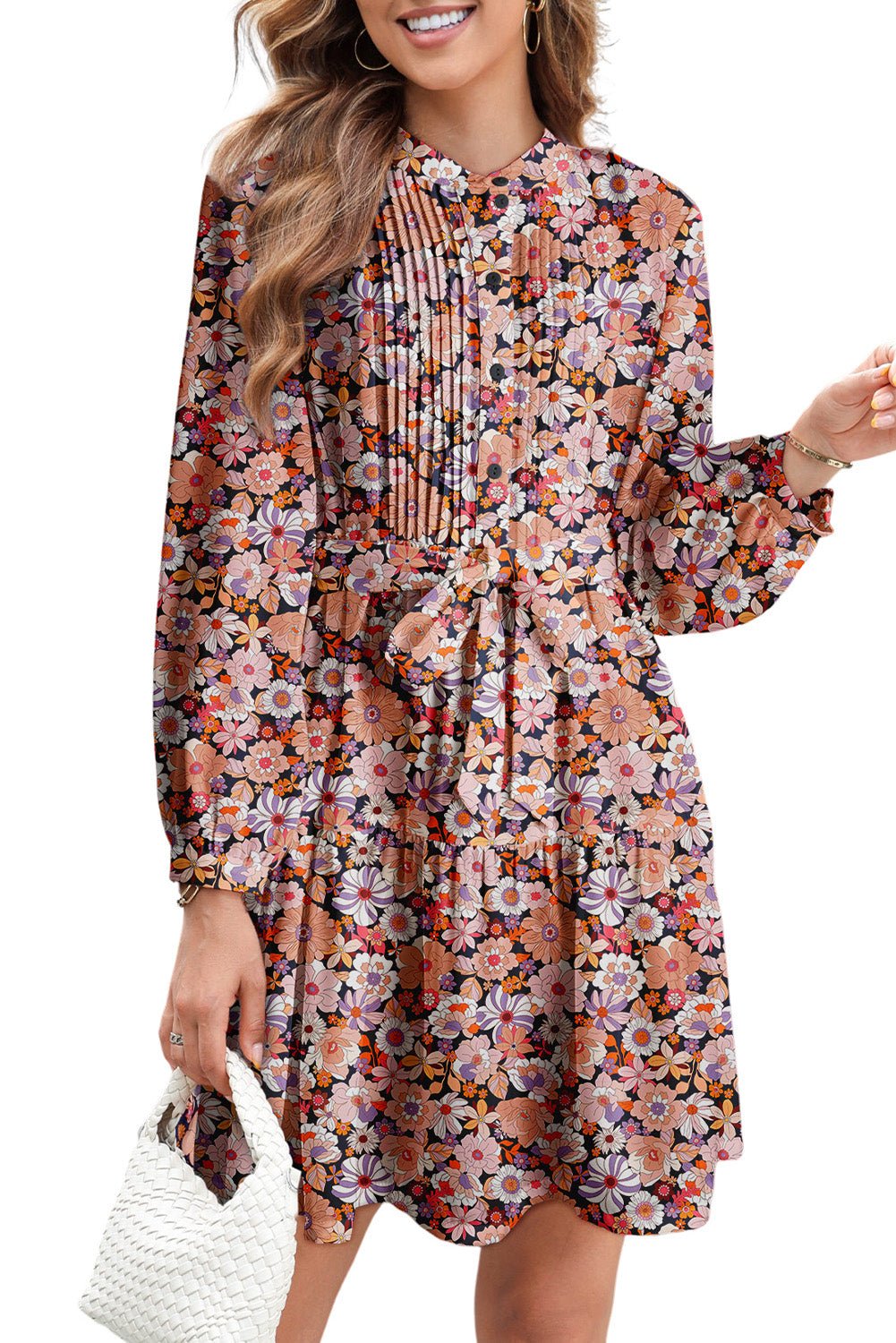 Multicolour Floral Print Pleated Detail Bleted Long Sleeve Mini Dress - MAD RUFFI