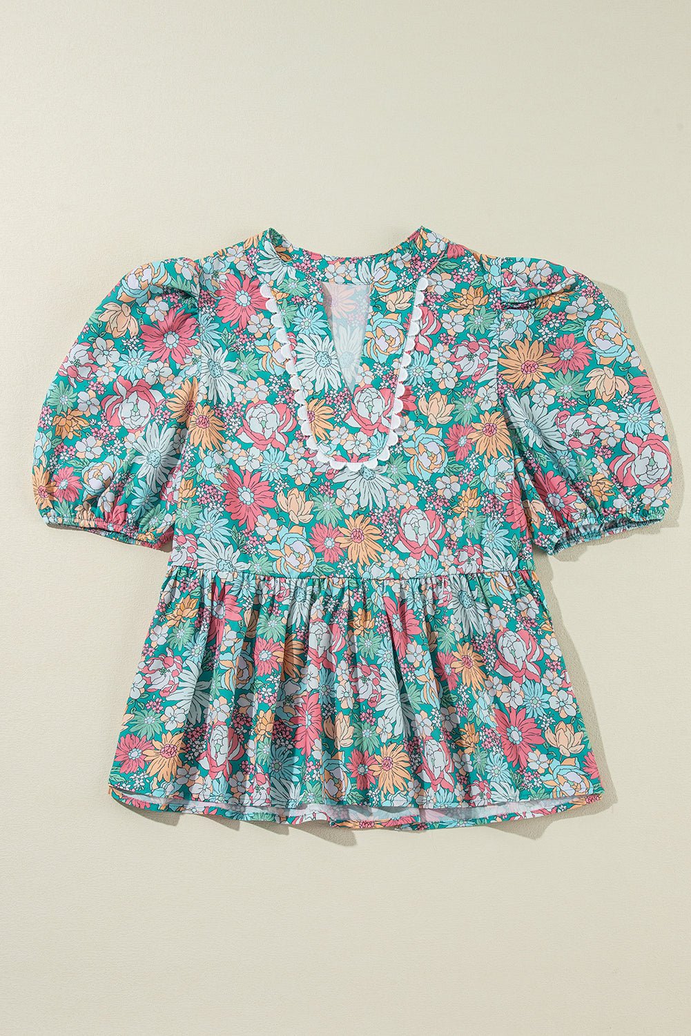 Multicolour Floral Print Short Puff Sleeve V Neck Boho Peplum Blouse - MAD RUFFI