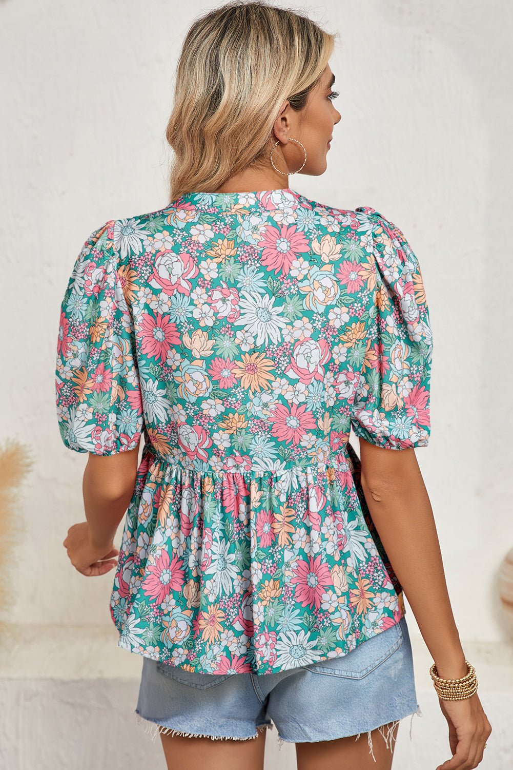 Multicolour Floral Print Short Puff Sleeve V Neck Boho Peplum Blouse - MAD RUFFI
