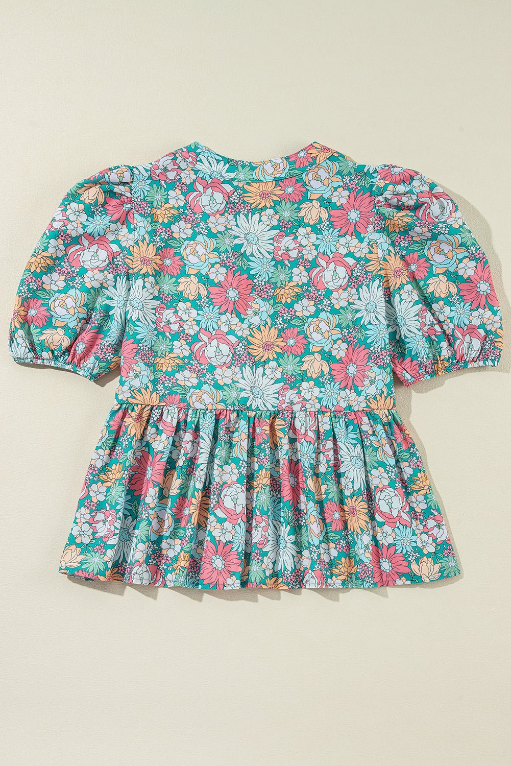 Multicolour Floral Print Short Puff Sleeve V Neck Boho Peplum Blouse - MAD RUFFI