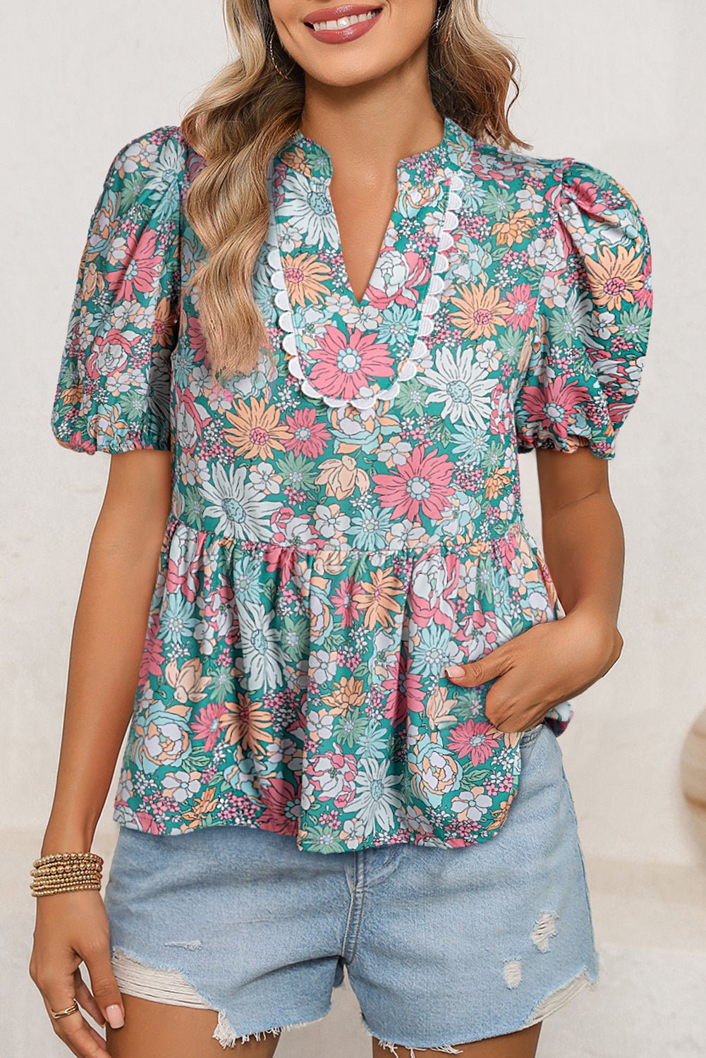 Multicolour Floral Print Short Puff Sleeve V Neck Boho Peplum Blouse - MAD RUFFI