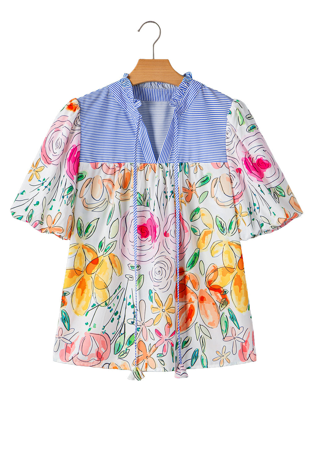 Multicolour Floral Print Striped Frill V Neck Puff Sleeve Blouse - MAD RUFFI