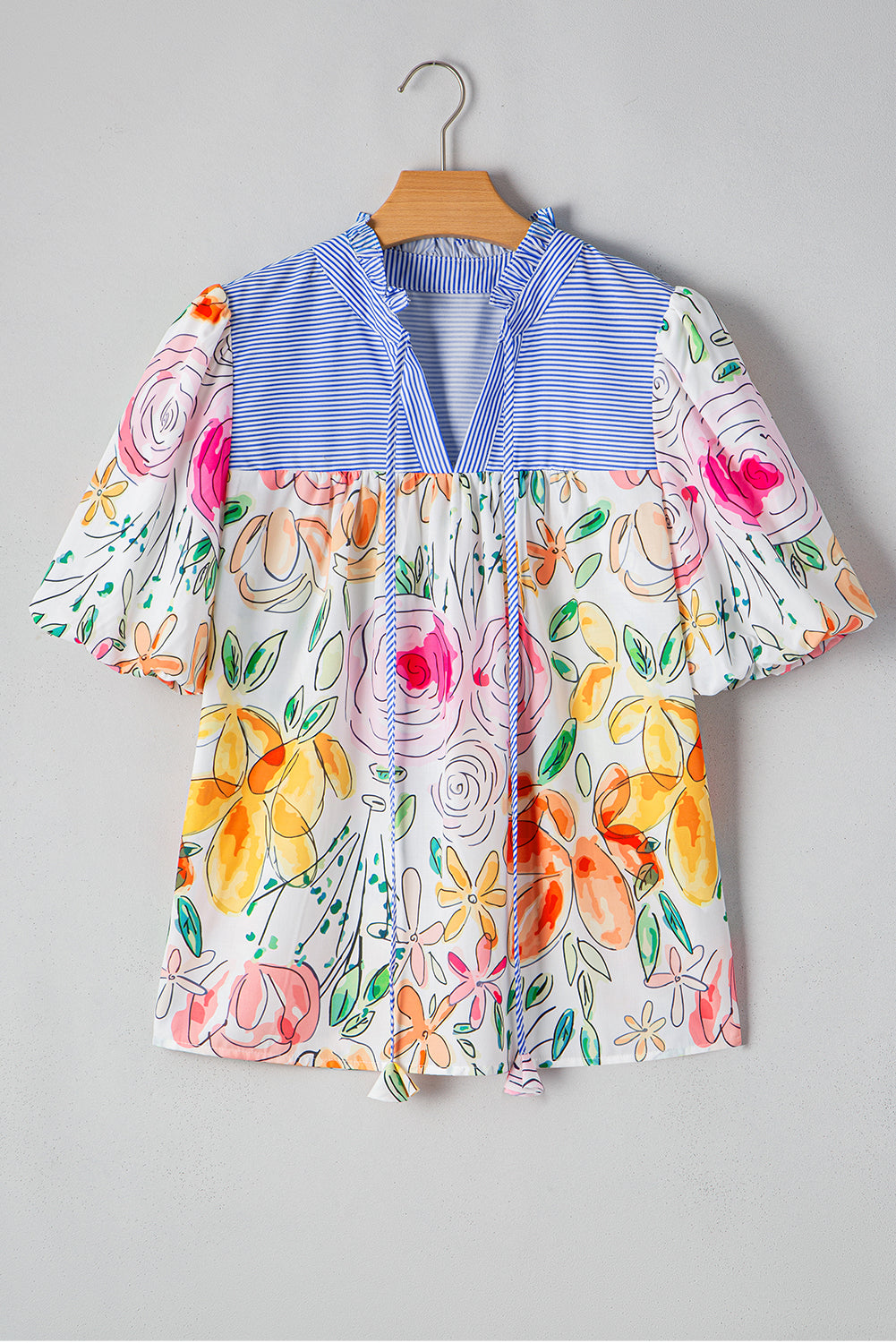 Multicolour Floral Print Striped Frill V Neck Puff Sleeve Blouse - MAD RUFFI