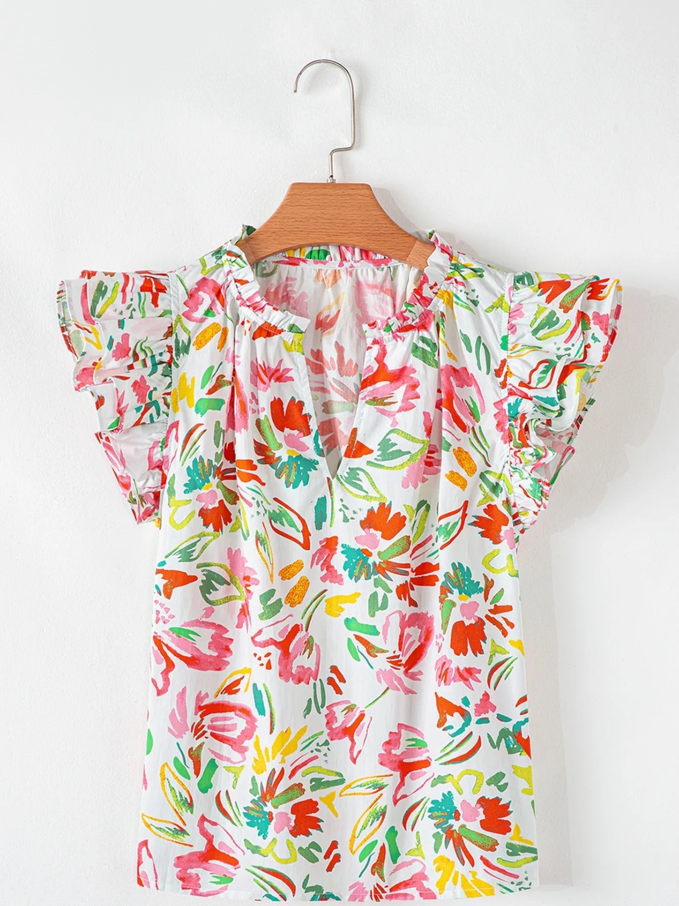 Multicolour Floral Printed Cap Sleeve Split Neck Blouse - MAD RUFFI