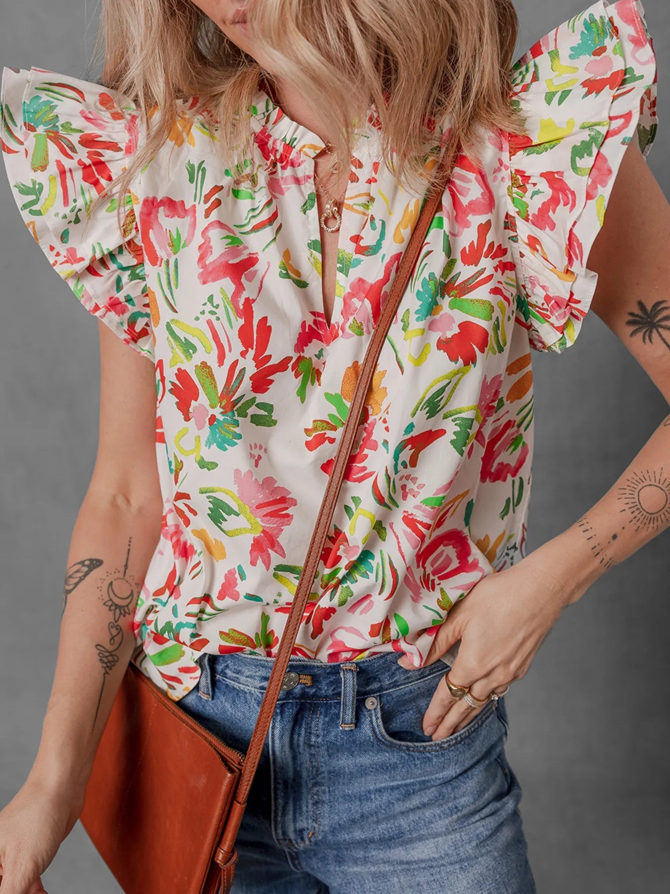 Multicolour Floral Printed Cap Sleeve Split Neck Blouse - MAD RUFFI
