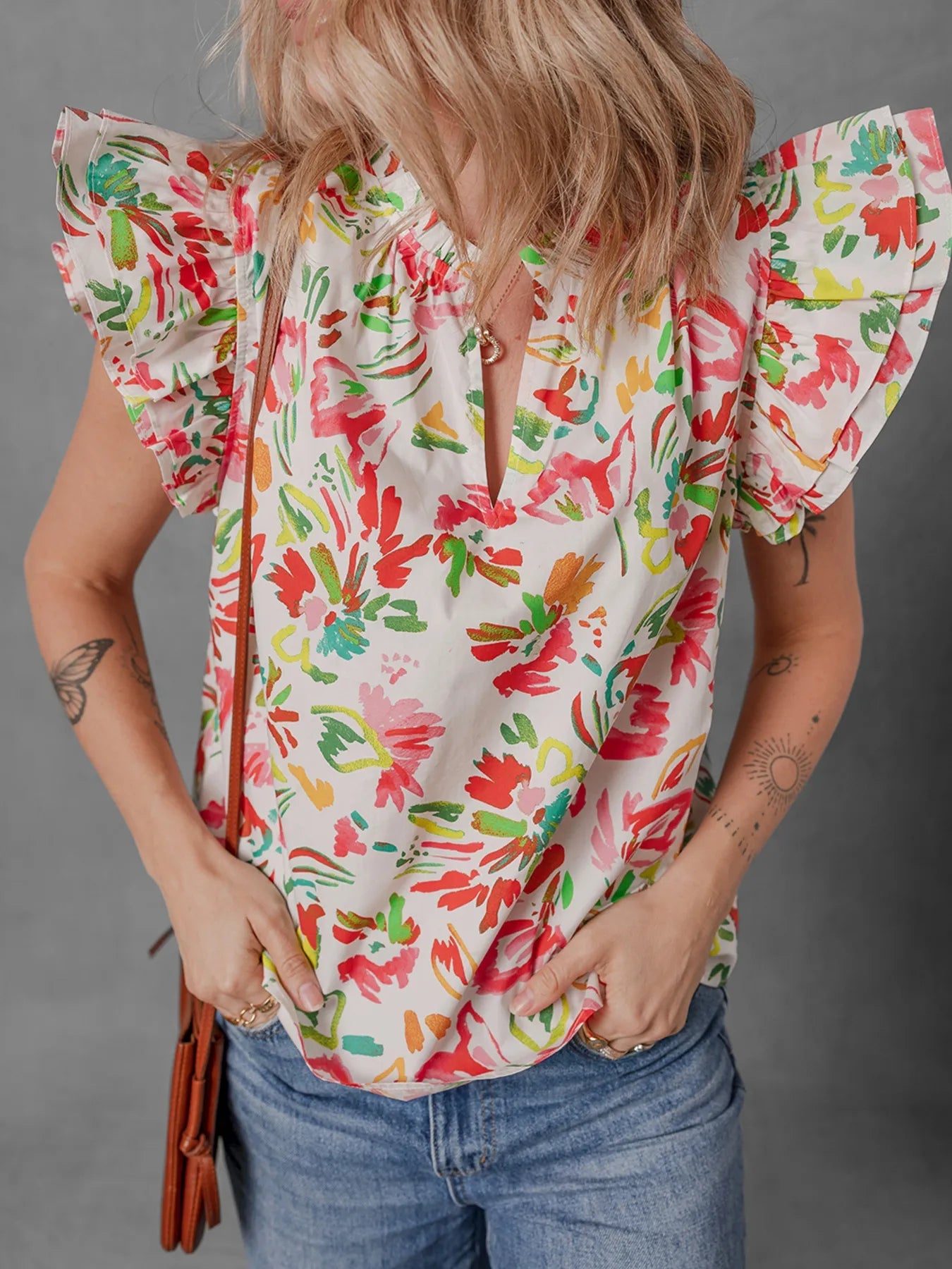 Multicolour Floral Printed Cap Sleeve Split Neck Blouse - MAD RUFFI