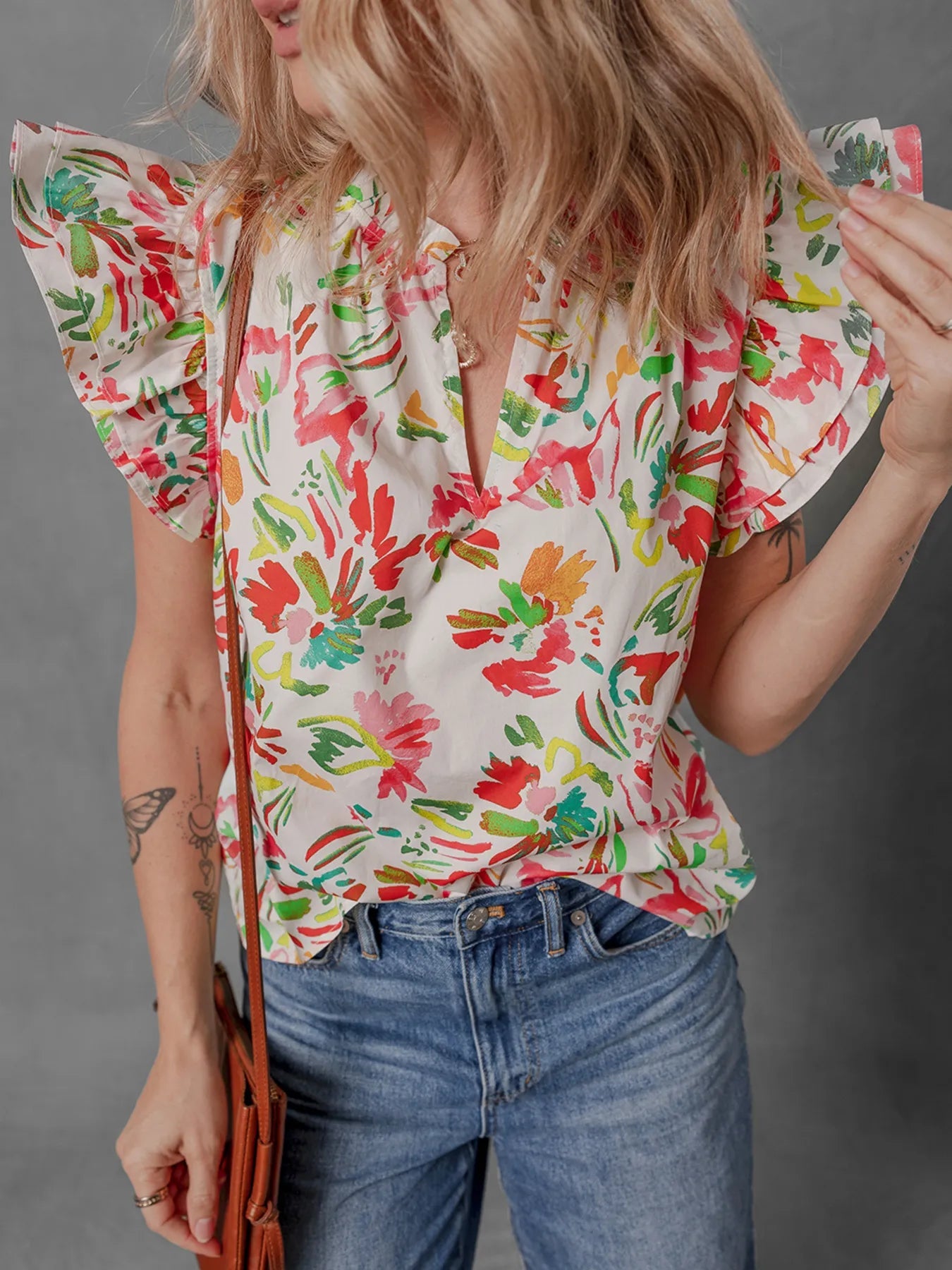 Multicolour Floral Printed Cap Sleeve Split Neck Blouse - MAD RUFFI