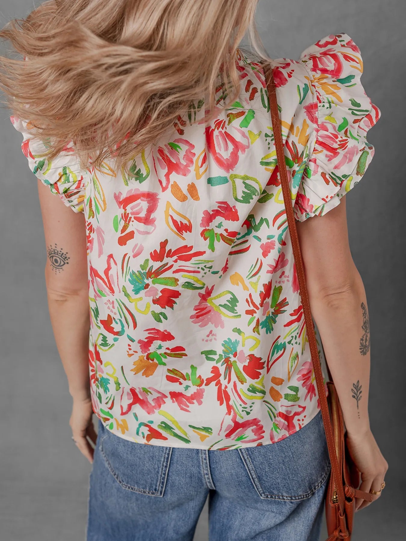 Multicolour Floral Printed Cap Sleeve Split Neck Blouse - MAD RUFFI