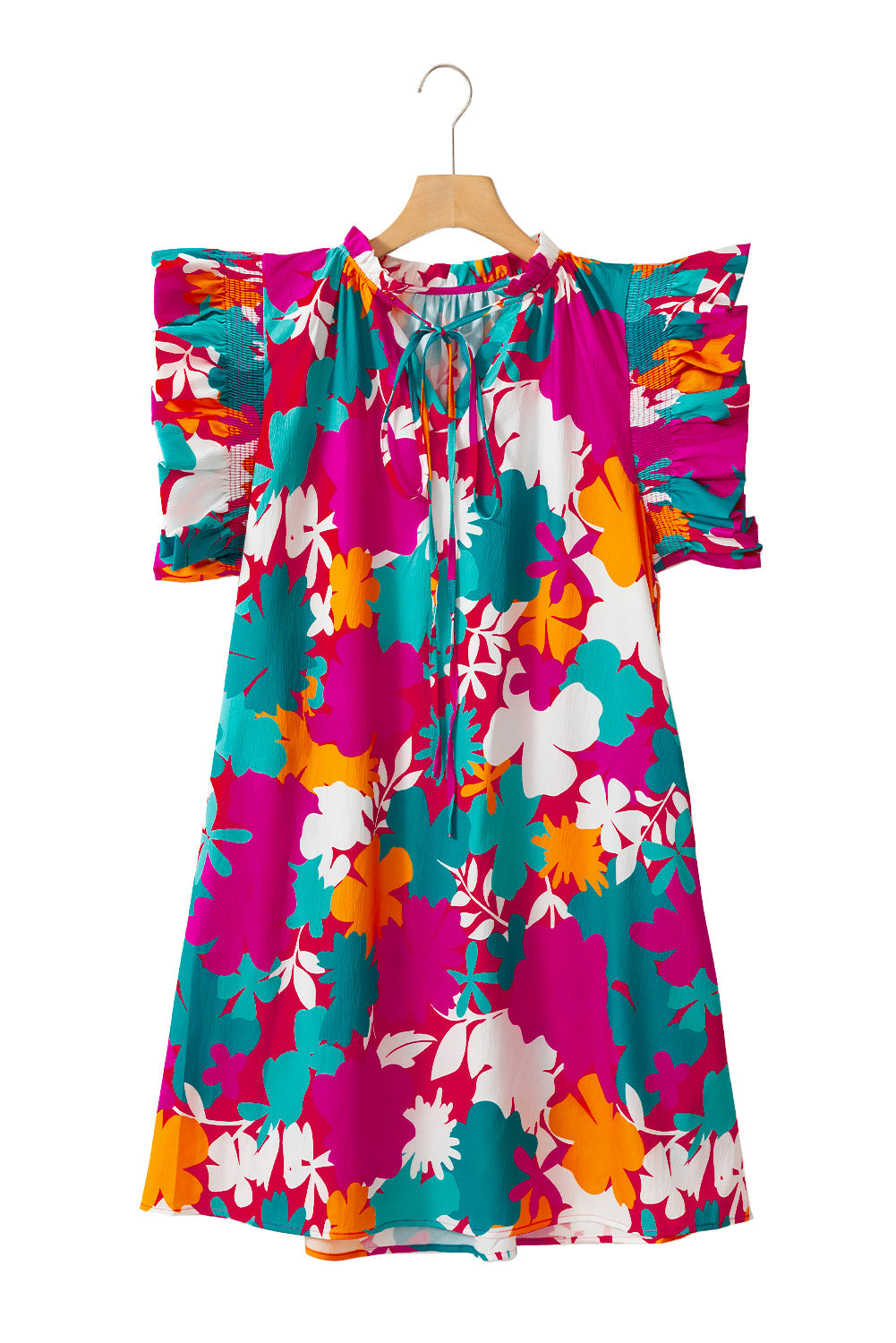 Multicolour Floral Tie Split Neck Flutter Sleeve Mini Dress - MAD RUFFI