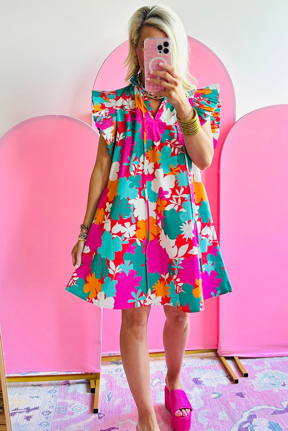 Multicolour Floral Tie Split Neck Flutter Sleeve Mini Dress - MAD RUFFI