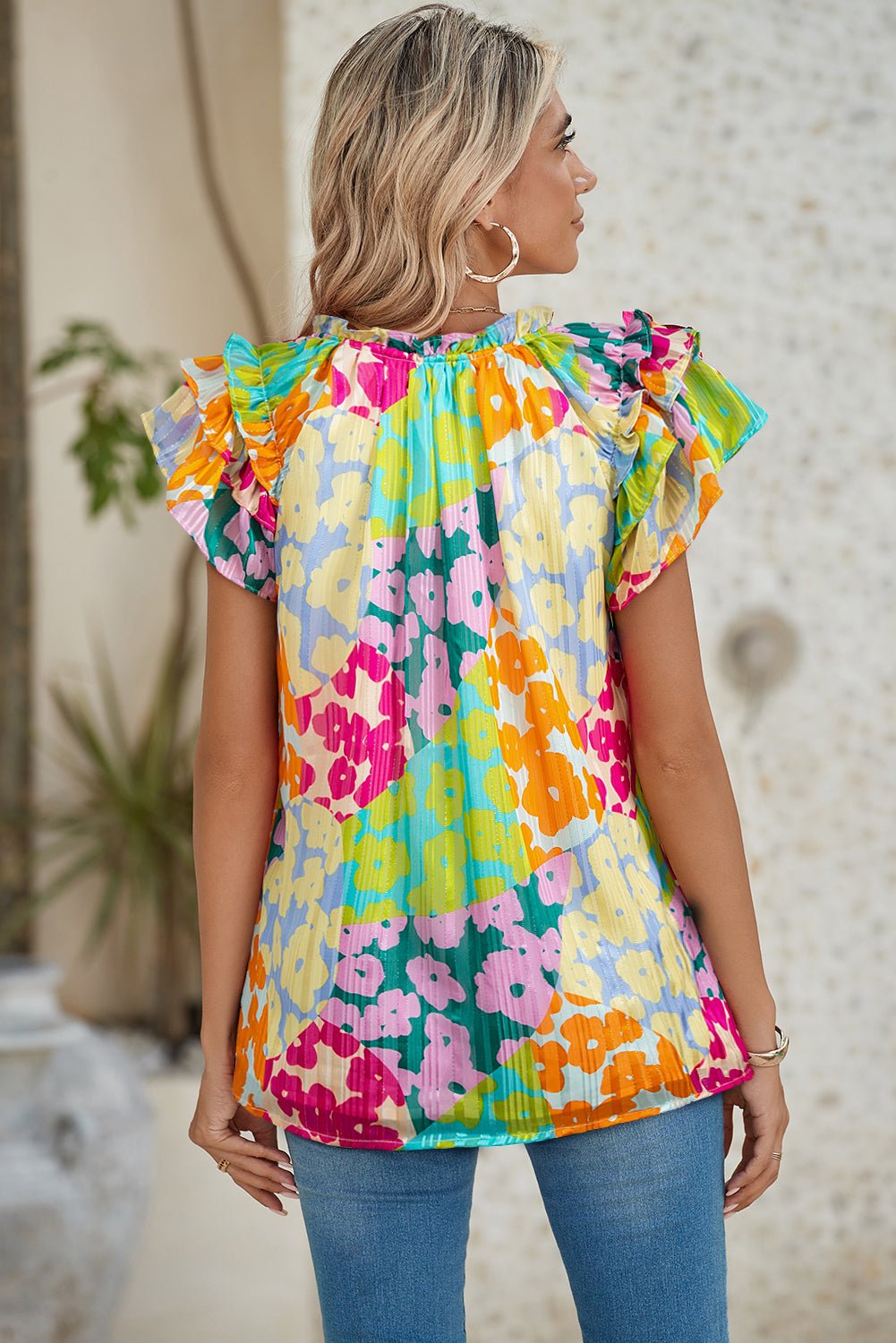 Multicolour Leopard Flutter Sleeve V Neck Crinkled Blouse - MAD RUFFI