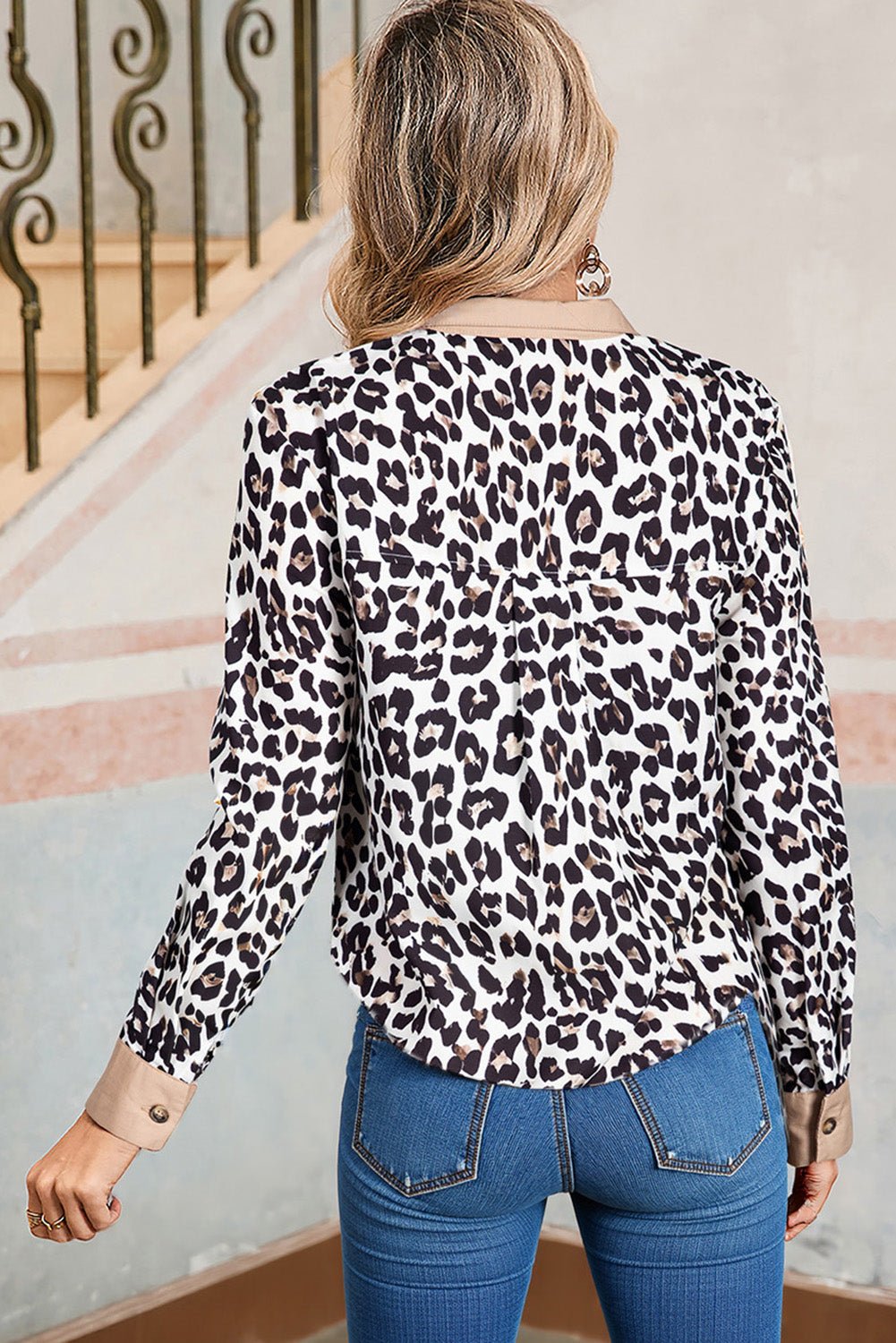 Multicolour Leopard Print Button Pop of Color Neckline Blouse - MAD RUFFI