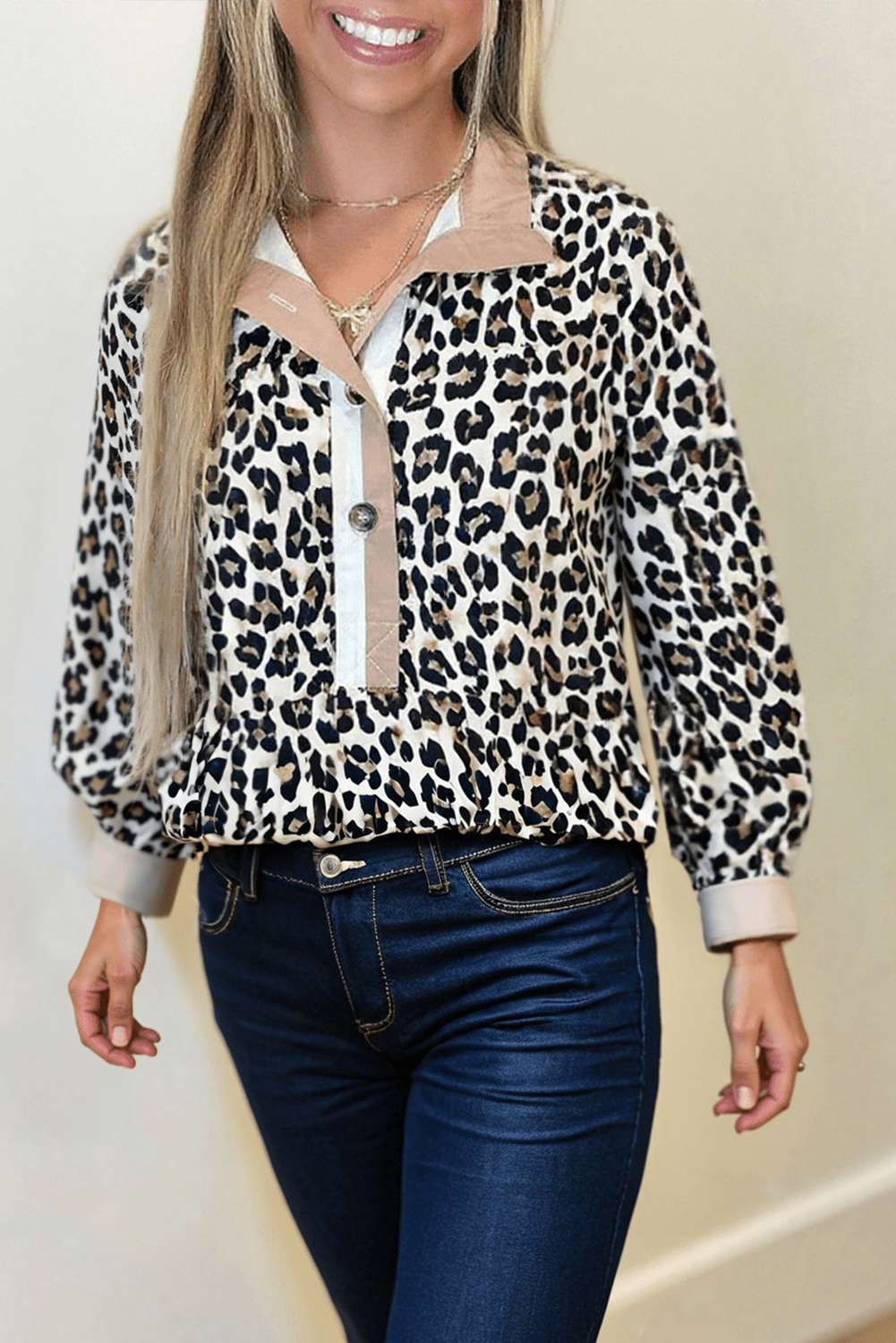 Multicolour Leopard Print Button Pop of Color Neckline Blouse - MAD RUFFI