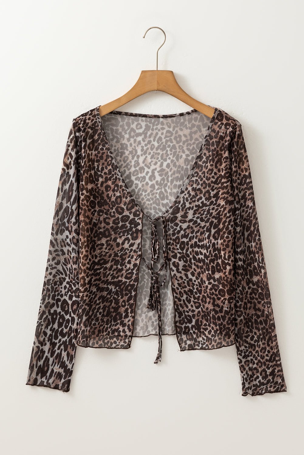 Multicolour Leopard Sheer Mesh Lace Up V Neck Long Sleeve Top - MAD RUFFI