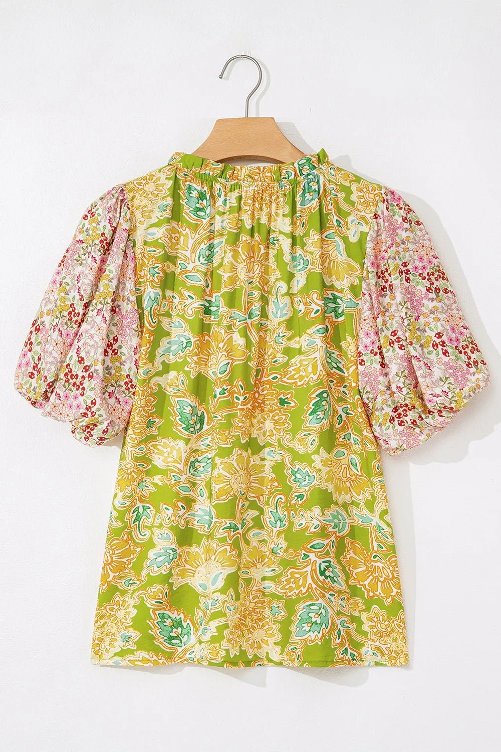 Multicolour Printed Contrast Bubble Sleeve Patchwork Blouse - MAD RUFFI