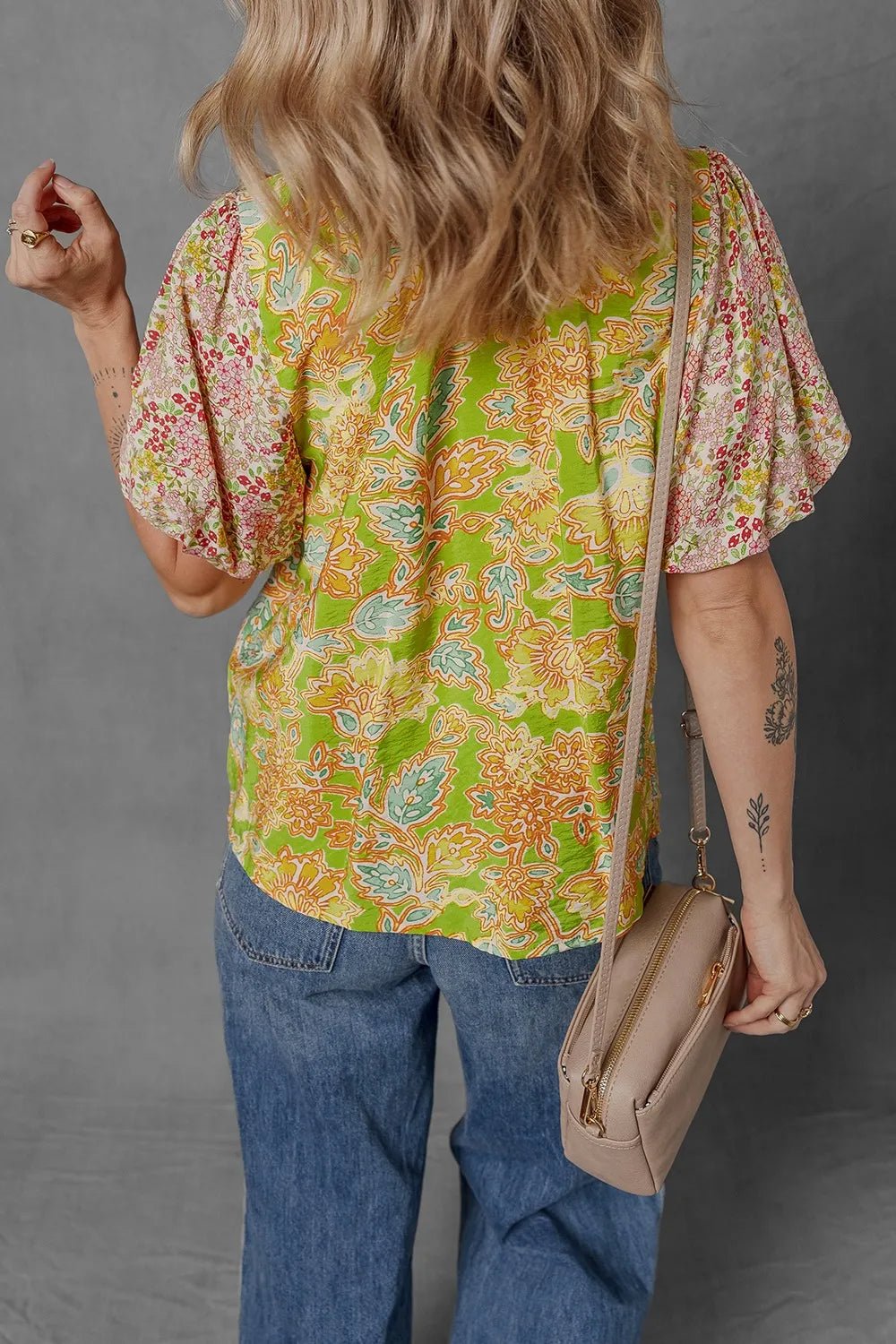 Multicolour Printed Contrast Bubble Sleeve Patchwork Blouse - MAD RUFFI