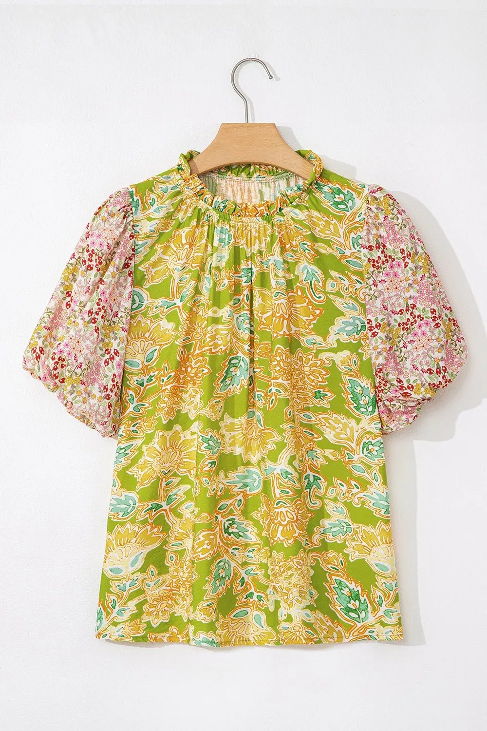 Multicolour Printed Contrast Bubble Sleeve Patchwork Blouse - MAD RUFFI