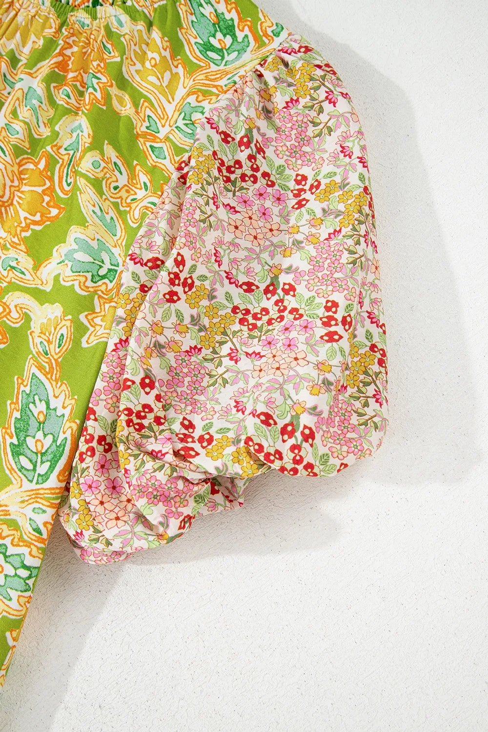 Multicolour Printed Contrast Bubble Sleeve Patchwork Blouse - MAD RUFFI