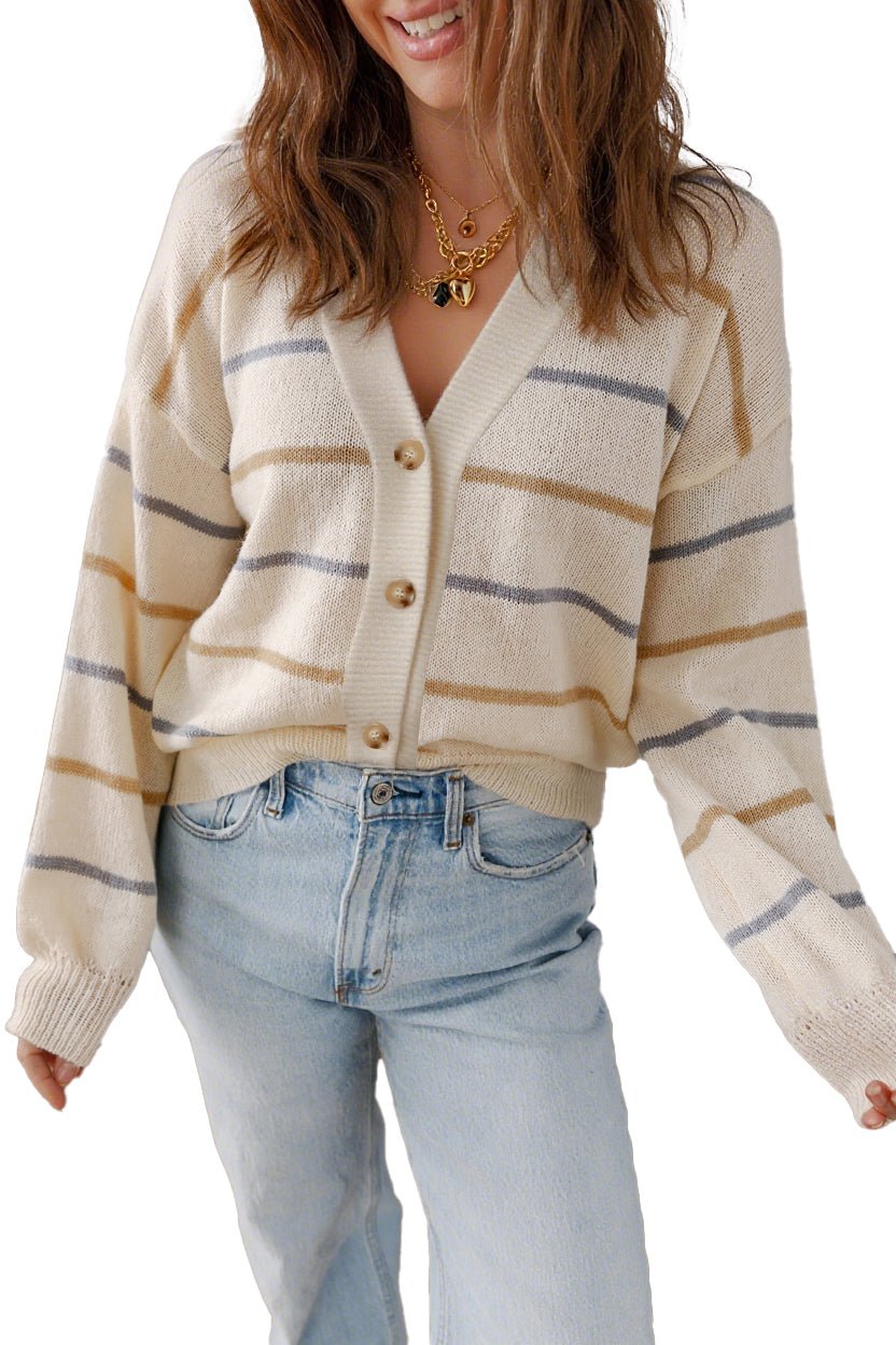 Multicolour Striped Buttoned Front V Neck Drop Shoulder Cardigan - MAD RUFFI