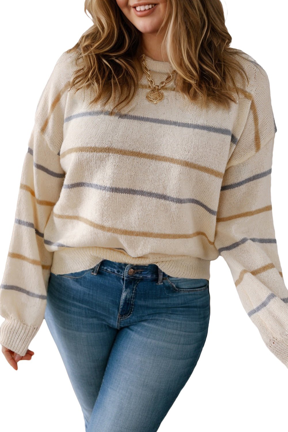 Multicolour Striped Drop Shoulder Plus Size Sweater - MAD RUFFI