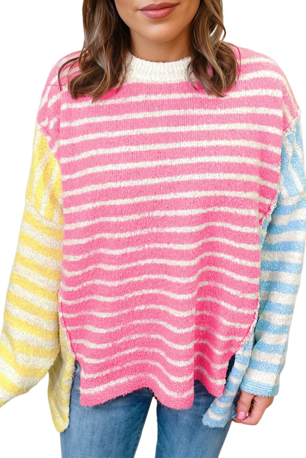 Multicolour Striped Exposed Seam Colorblock Patchwork Plus Size Sweater - MAD RUFFI