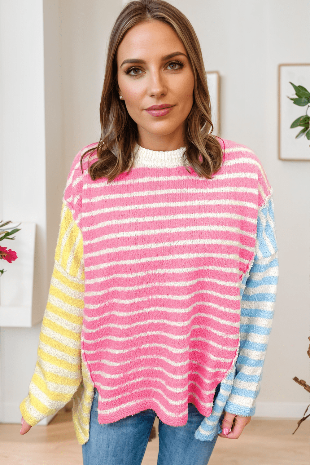 Multicolour Striped Exposed Seam Colorblock Patchwork Plus Size Sweater - MAD RUFFI