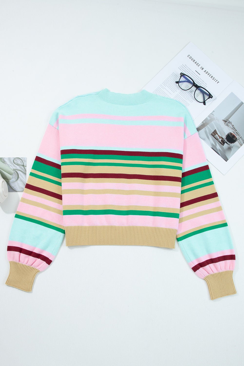 Multicolour Striped Knit Ribbed Trim Boxy Fit Cropped Sweater - MAD RUFFI