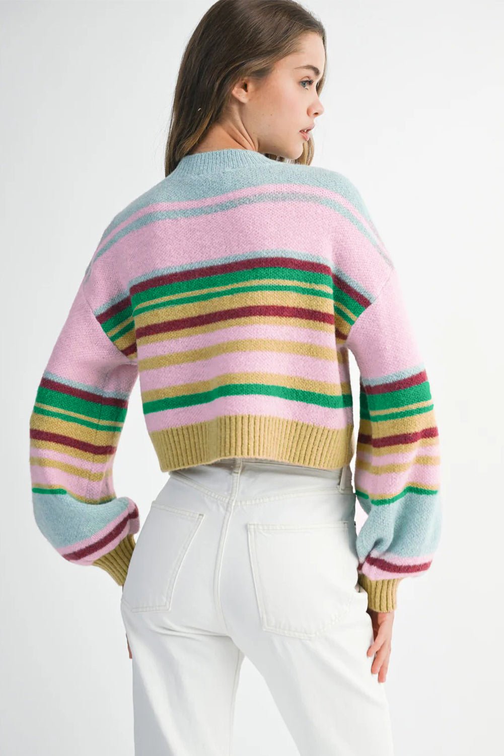 Multicolour Striped Knit Ribbed Trim Boxy Fit Cropped Sweater - MAD RUFFI