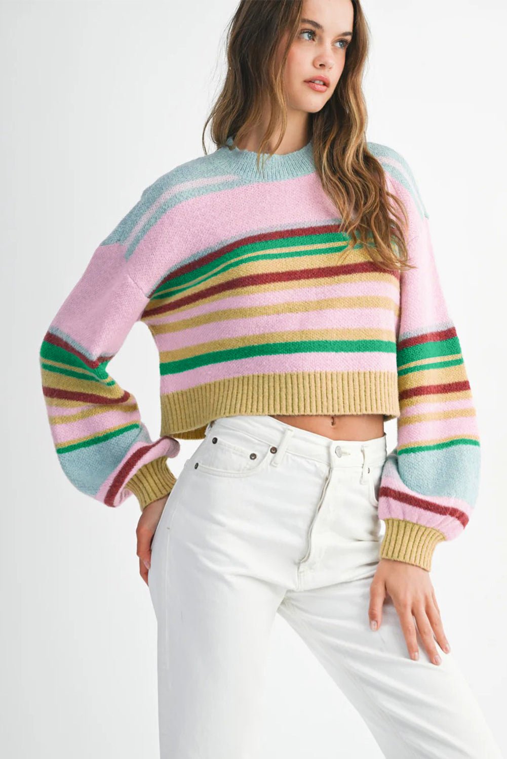 Multicolour Striped Knit Ribbed Trim Boxy Fit Cropped Sweater - MAD RUFFI