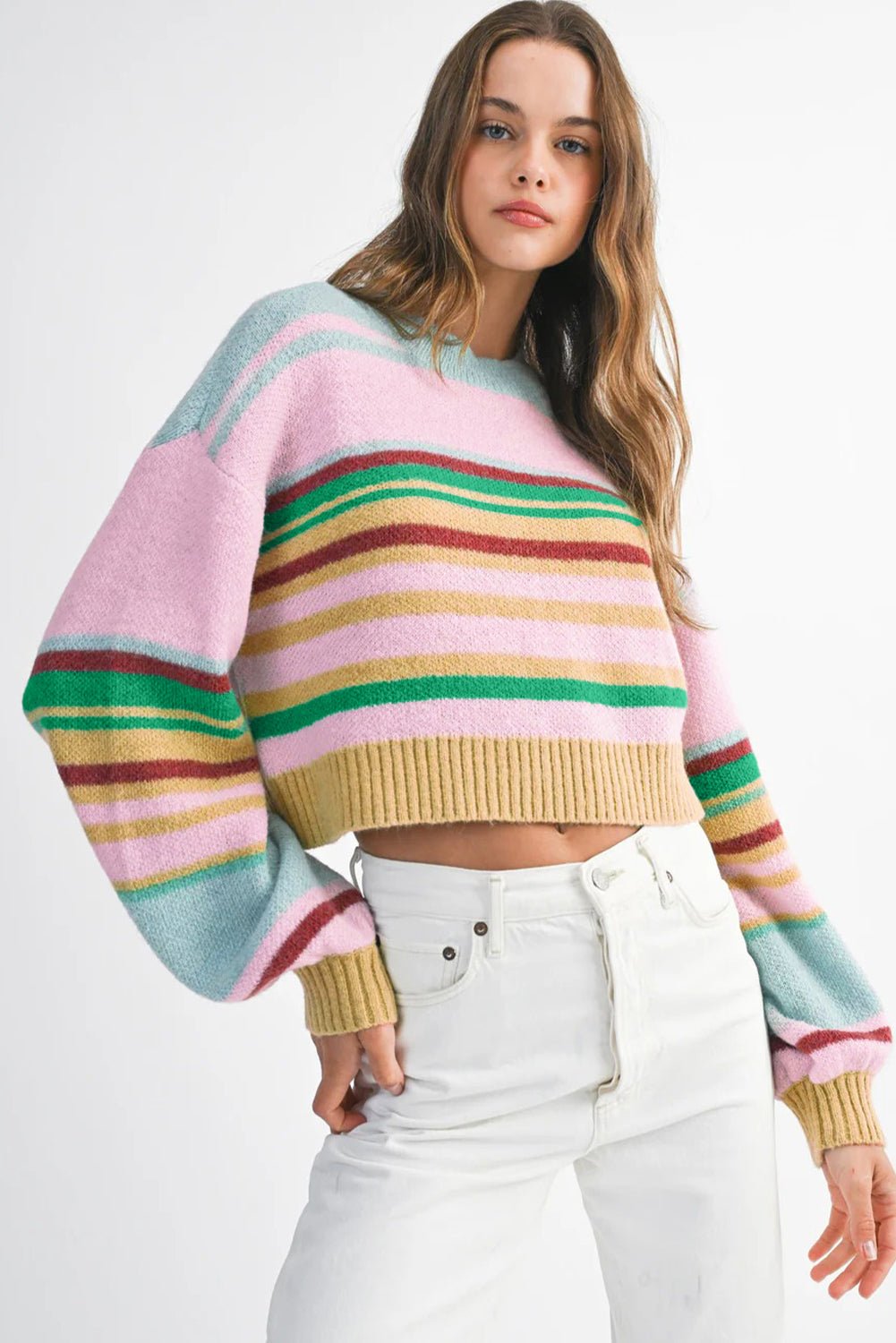 Multicolour Striped Knit Ribbed Trim Boxy Fit Cropped Sweater - MAD RUFFI
