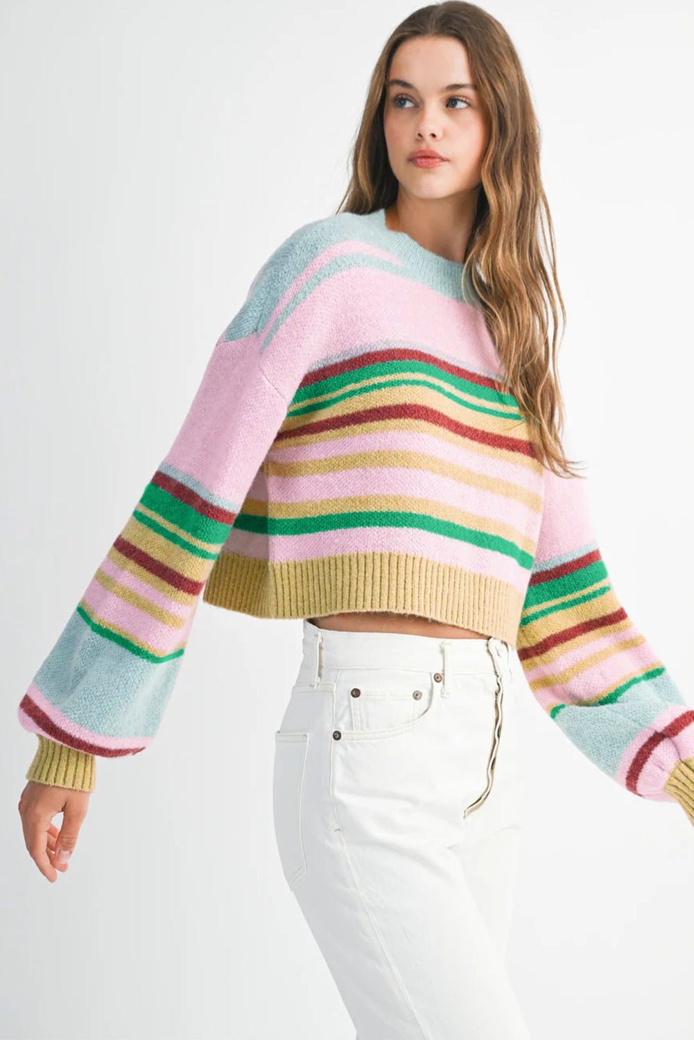 Multicolour Striped Knit Ribbed Trim Boxy Fit Cropped Sweater - MAD RUFFI