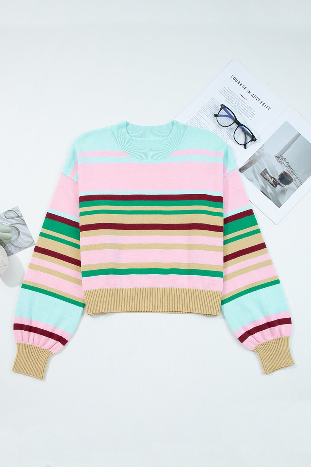 Multicolour Striped Knit Ribbed Trim Boxy Fit Cropped Sweater - MAD RUFFI